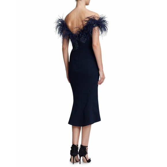 MARCHESA Navy Blue Ostrich Feather Beaded Off Shoulder Fluted Hem Dress 8 M NEW - Picture 8 of 12